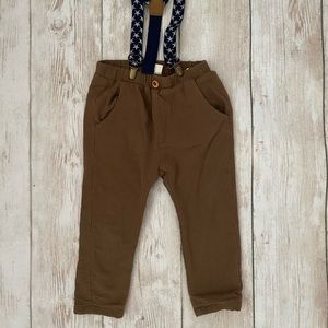 Zara khaki skinny linen pants with suspenders